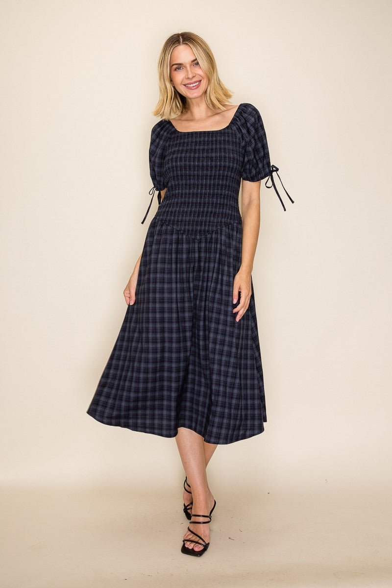 Plaid Smocked Square Neck Dress