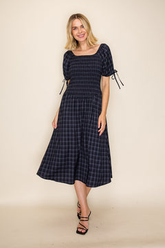 Plaid Smocked Square Neck Dress