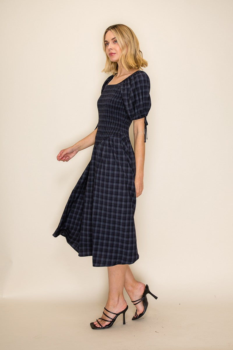 Plaid Smocked Square Neck Dress