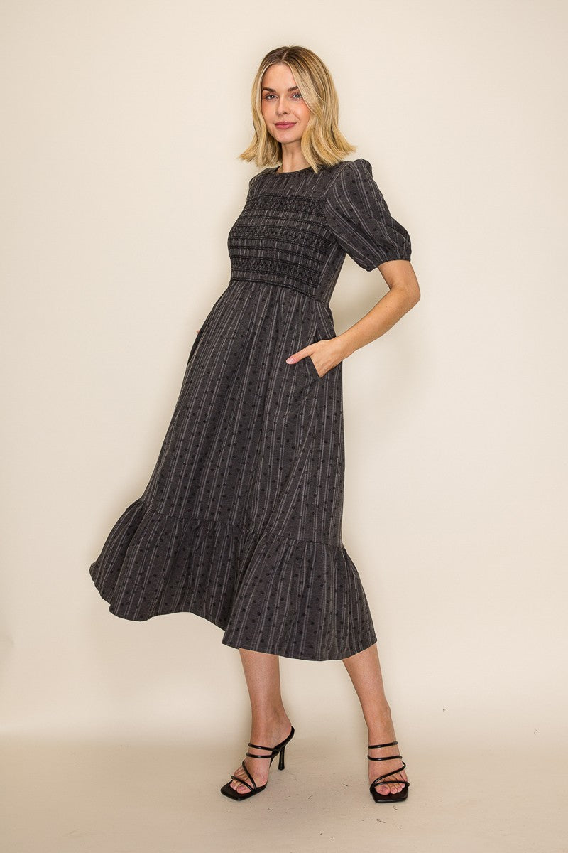 Embroidered Smocked Bodice Midi Dress