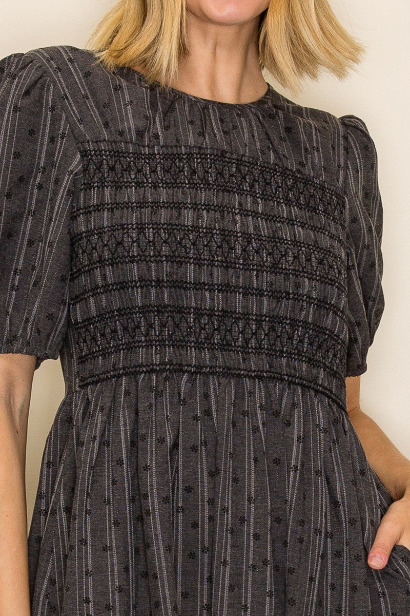 Embroidered Smocked Bodice Midi Dress