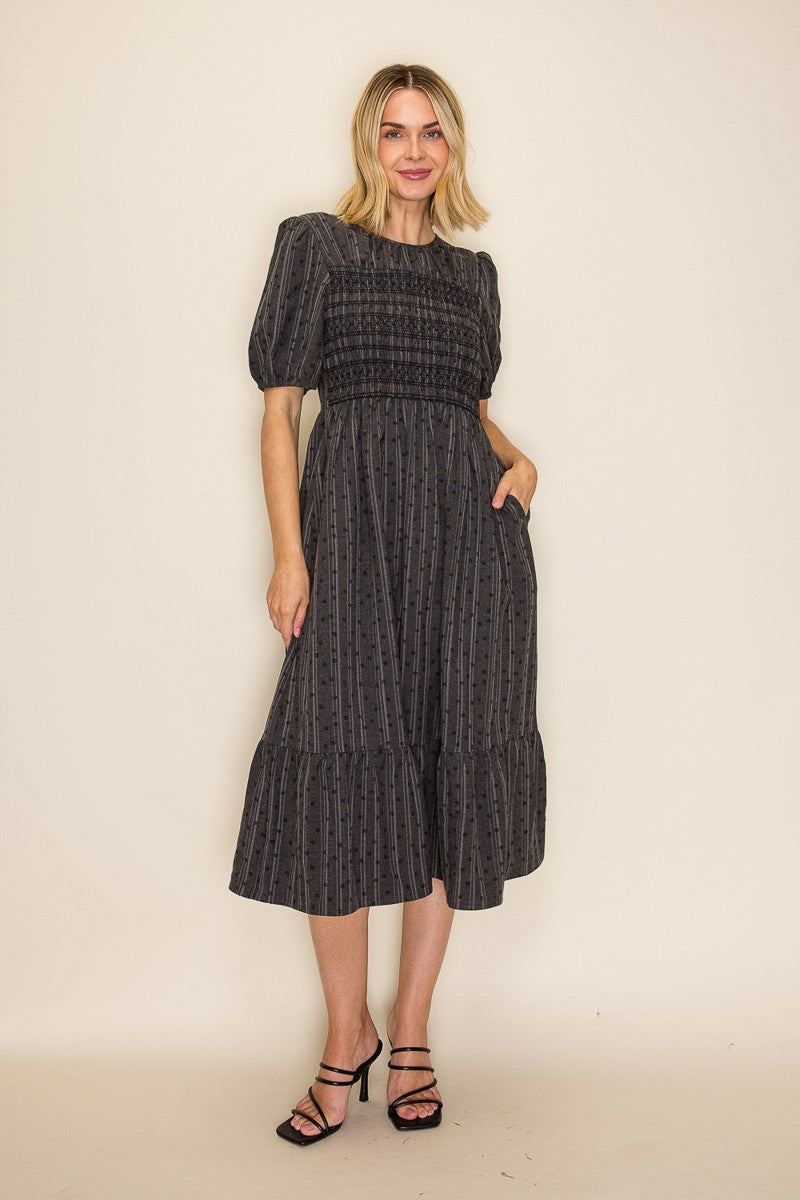 Embroidered Smocked Bodice Midi Dress