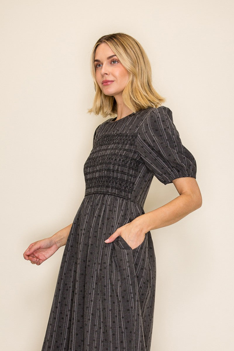 Embroidered Smocked Bodice Midi Dress
