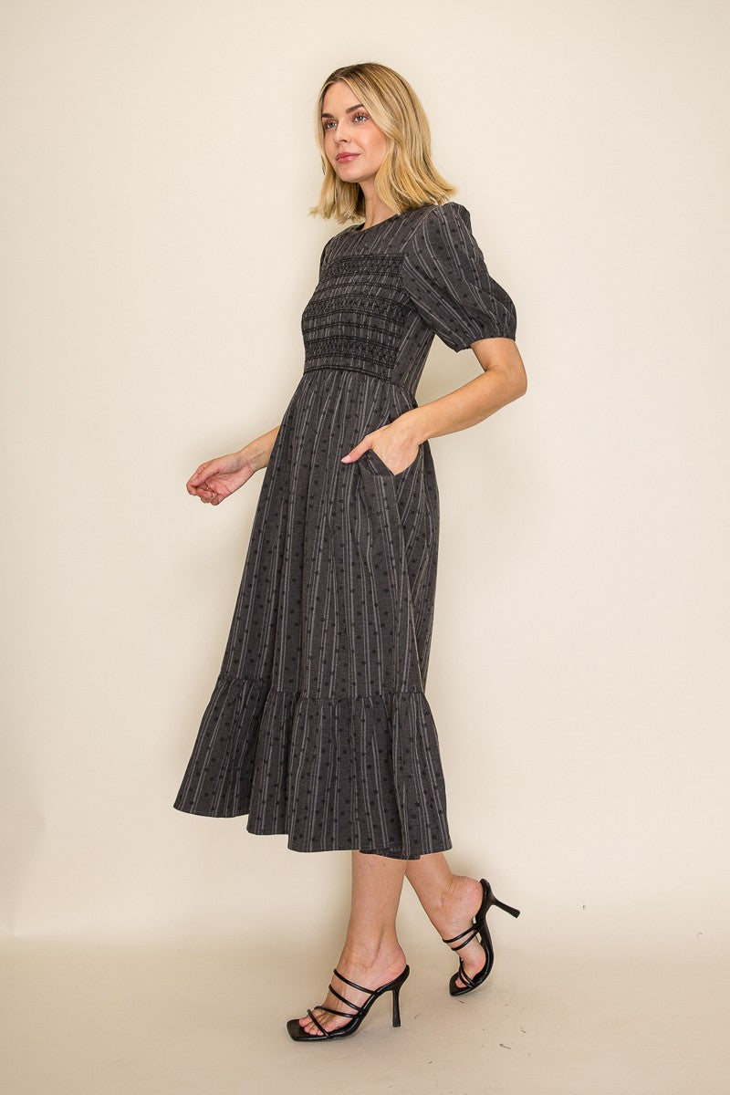 Embroidered Smocked Bodice Midi Dress