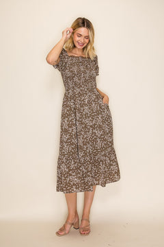 Floral Smocked Square Neck Midi Dress