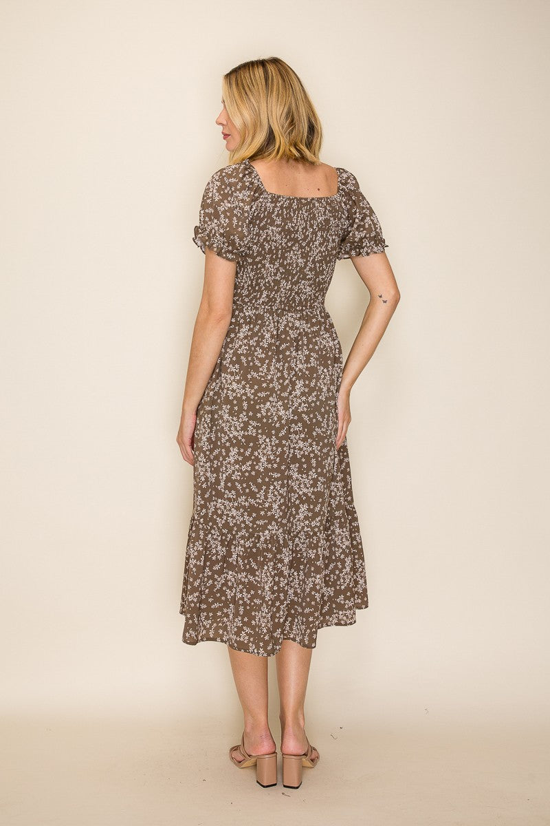 Floral Smocked Square Neck Midi Dress