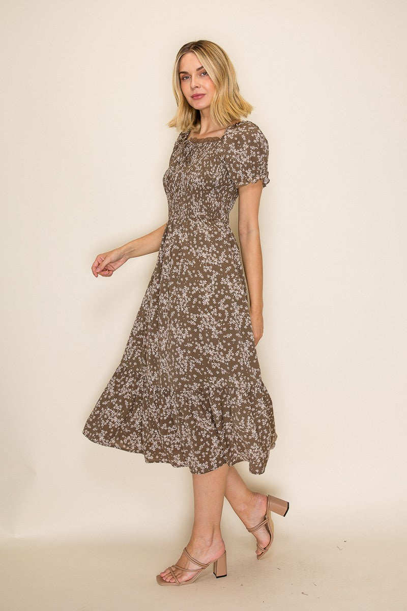 Floral Smocked Square Neck Midi Dress