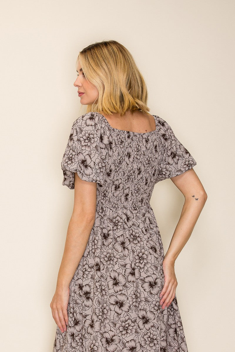 Botanical Floral Flutter Sleeve Midi Dress