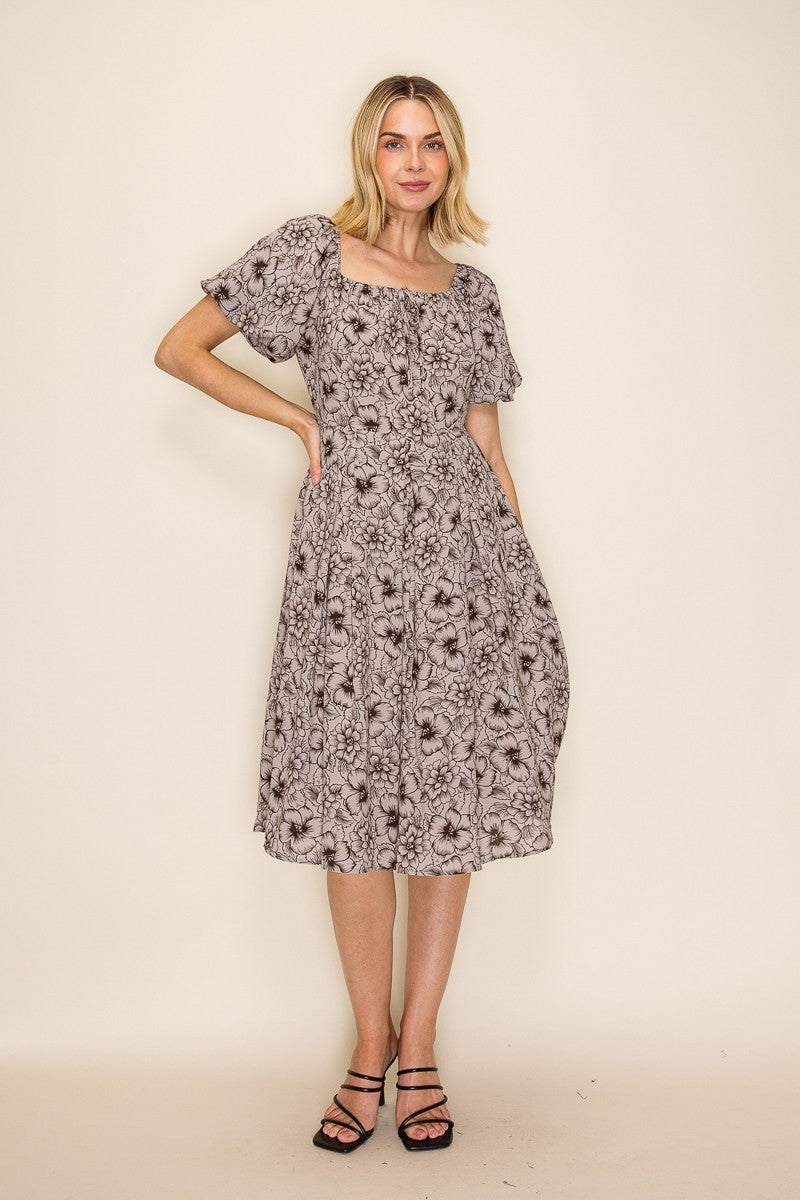 Botanical Floral Flutter Sleeve Midi Dress