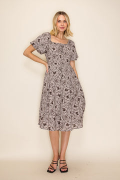 Botanical Floral Flutter Sleeve Midi Dress
