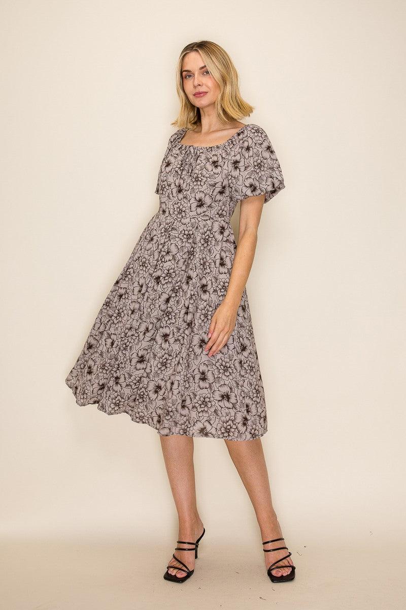 Botanical Floral Flutter Sleeve Midi Dress