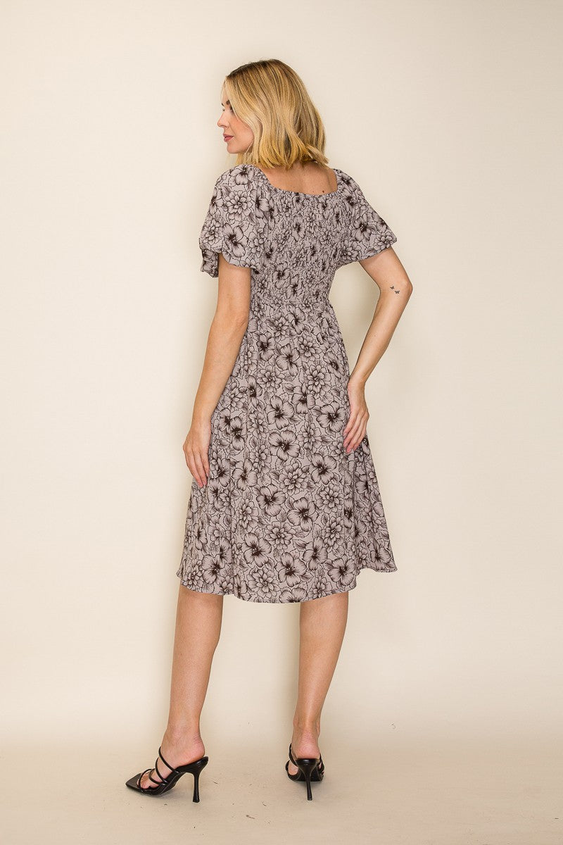 Botanical Floral Flutter Sleeve Midi Dress