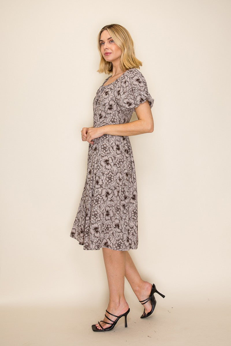 Botanical Floral Flutter Sleeve Midi Dress