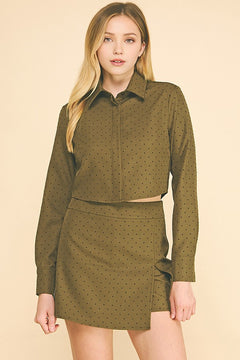 Textured Polka Dot Twill Hidden Placket Cropped Shirt Blouse