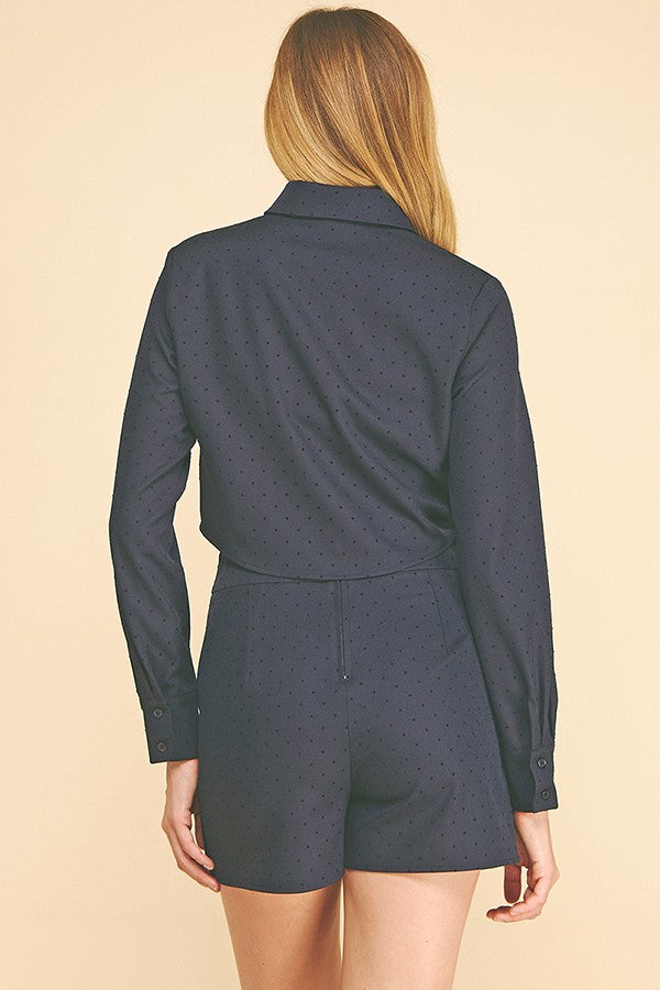 Textured Polka Dot Twill Hidden Placket Cropped Shirt Blouse