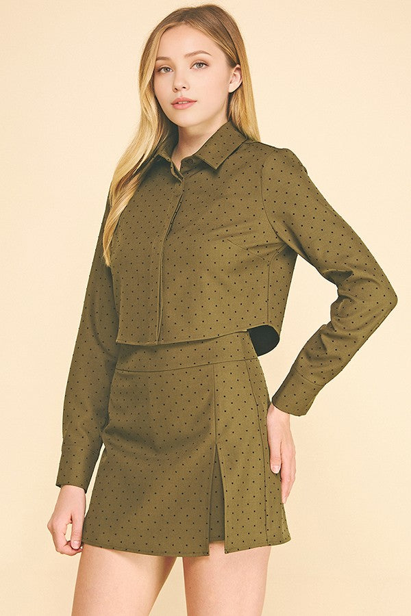 Textured Polka Dot Twill Hidden Placket Cropped Shirt Blouse