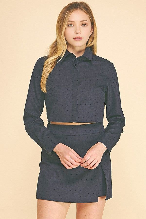 Textured Polka Dot Twill Hidden Placket Cropped Shirt Blouse