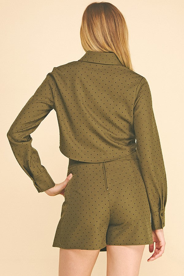 Textured Polka Dot Twill Hidden Placket Cropped Shirt Blouse