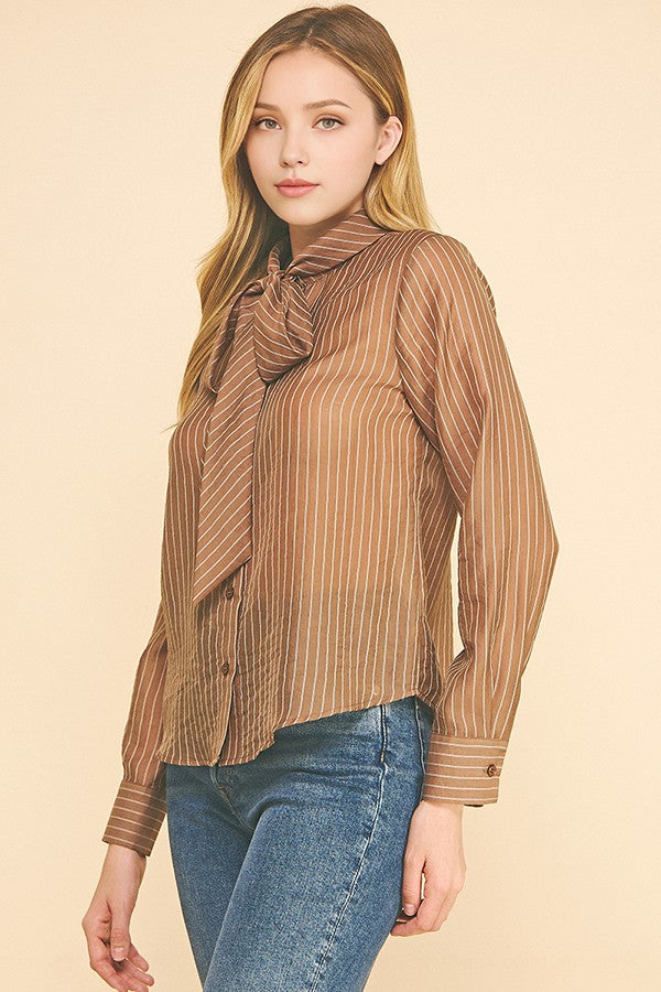 Striped Organza Neck Tie Oversized Dress Shirt Blouse