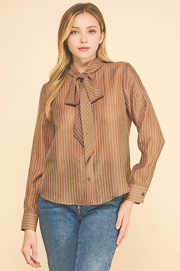 Striped Organza Neck Tie Oversized Dress Shirt Blouse