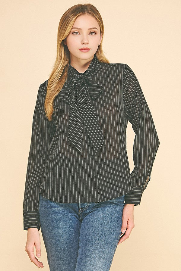 Striped Organza Neck Tie Oversized Dress Shirt Blouse