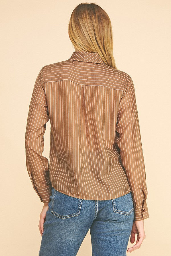 Striped Organza Neck Tie Oversized Dress Shirt Blouse