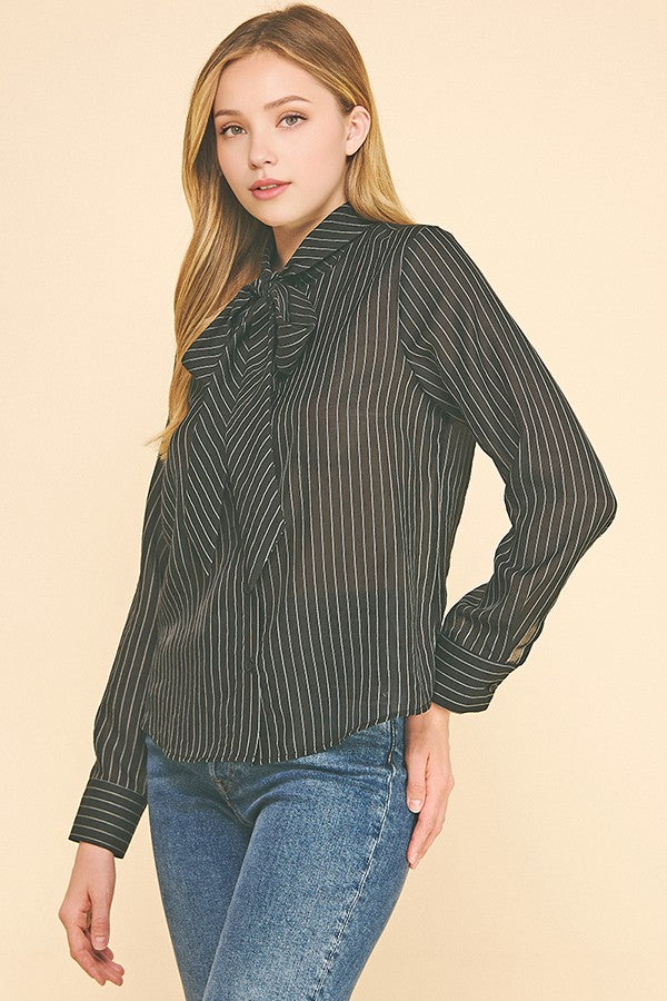 Striped Organza Neck Tie Oversized Dress Shirt Blouse