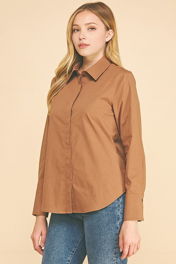 Cotton Peplum Covered Placket Oversized Dress Shirt Blouse