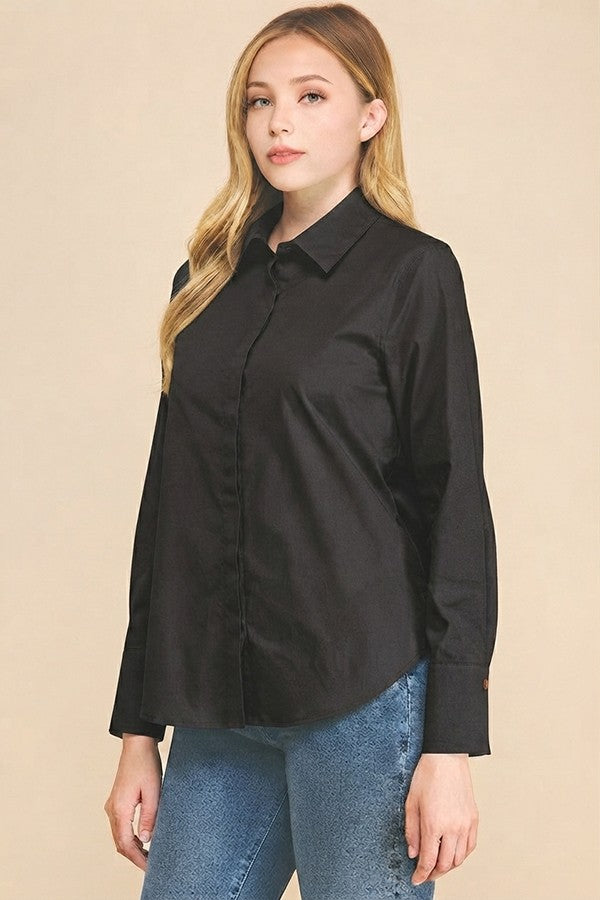 Cotton Peplum Covered Placket Oversized Dress Shirt Blouse