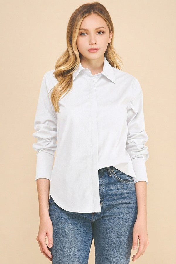 Cotton Peplum Covered Placket Oversized Dress Shirt Blouse