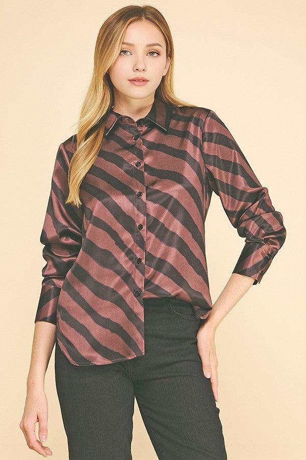 Zebra Striped Satin Oversized Dress Shirt Blouse