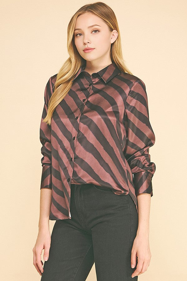 Zebra Striped Satin Oversized Dress Shirt Blouse