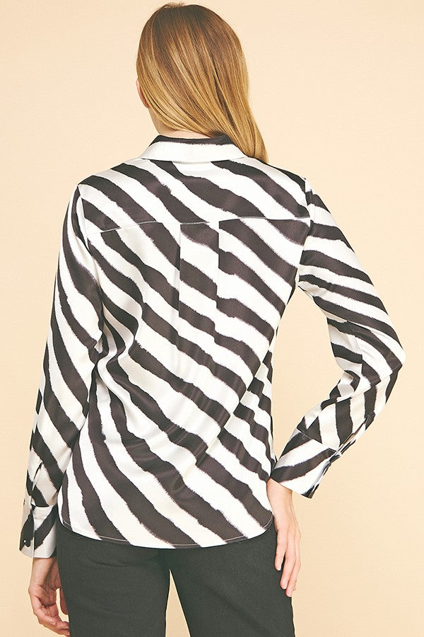 Zebra Striped Satin Oversized Dress Shirt Blouse