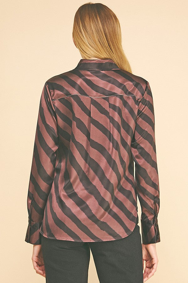 Zebra Striped Satin Oversized Dress Shirt Blouse
