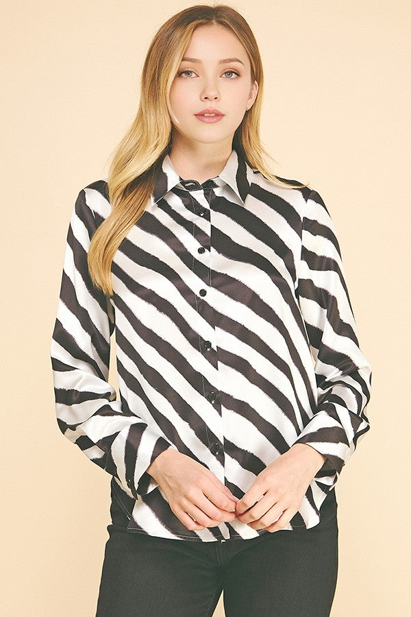 Zebra Striped Satin Oversized Dress Shirt Blouse