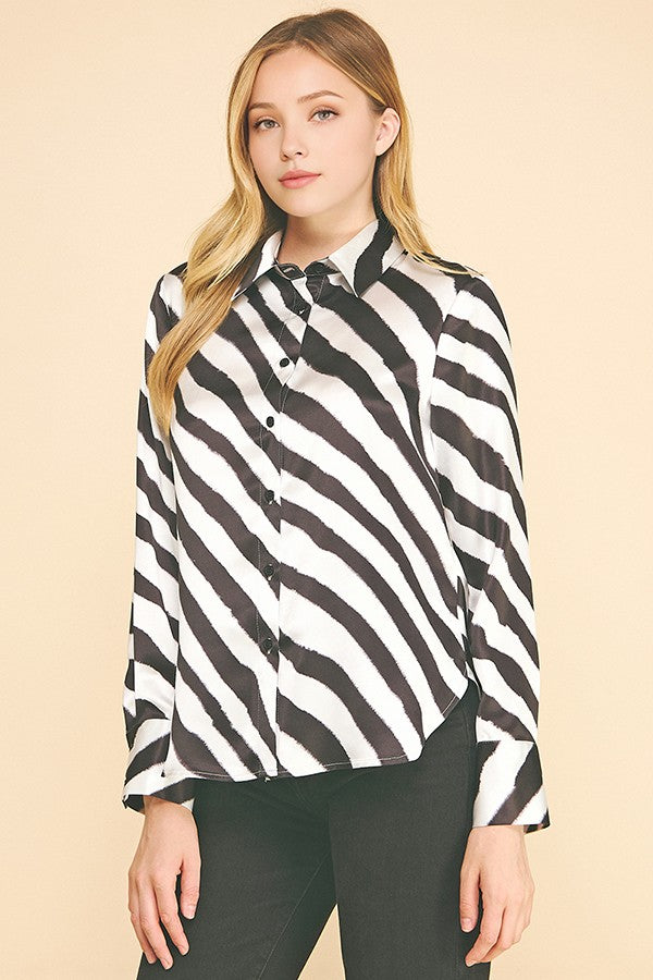 Zebra Striped Satin Oversized Dress Shirt Blouse