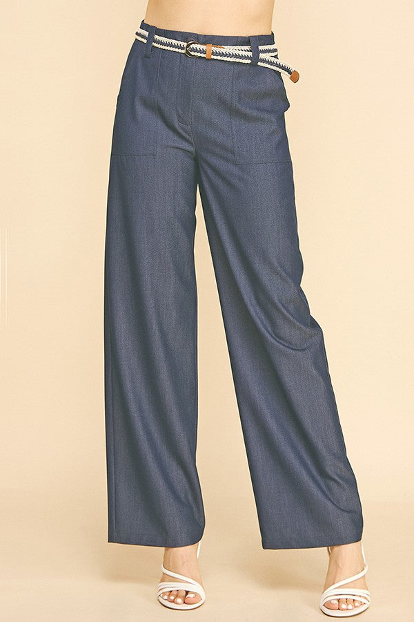 Denim Tribal Belted Patch Pocket Wide Leg Trousers