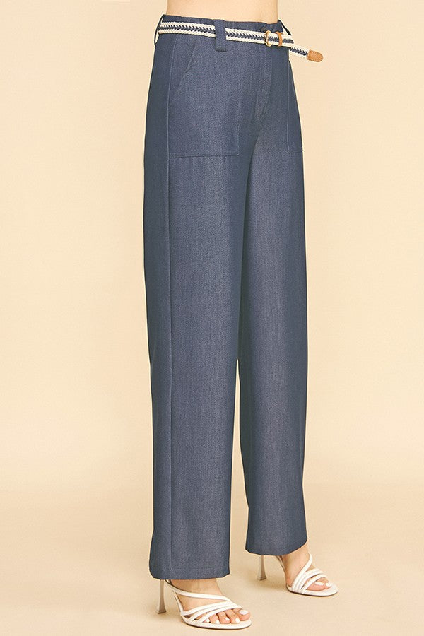 Denim Tribal Belted Patch Pocket Wide Leg Trousers