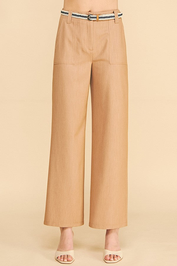 Denim Tribal Belted Patch Pocket Wide Leg Trousers