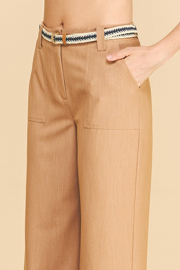 Denim Tribal Belted Patch Pocket Wide Leg Trousers