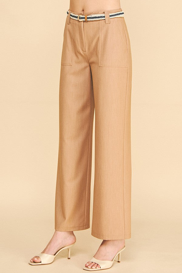 Denim Tribal Belted Patch Pocket Wide Leg Trousers
