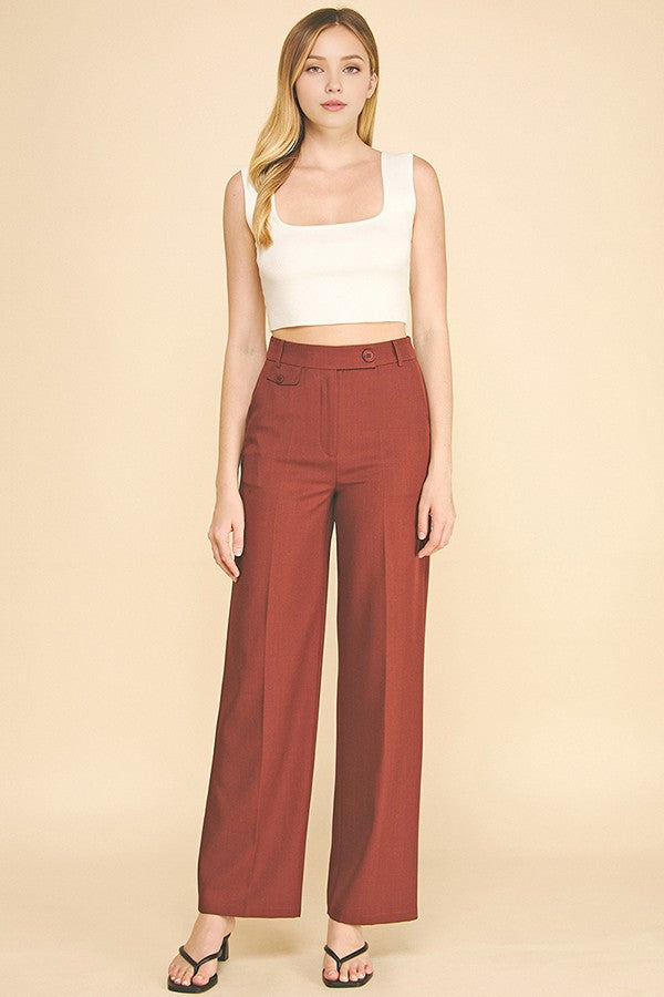 Twill Button Tab Wide Leg Full Trousers
