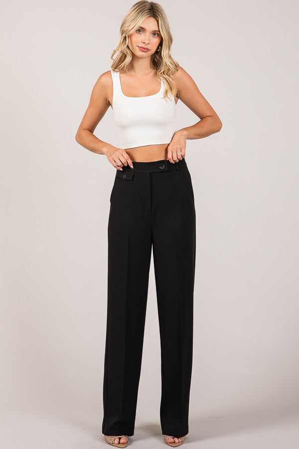 Twill Button Tab Wide Leg Full Trousers