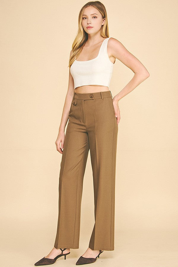 Twill Button Tab Wide Leg Full Trousers