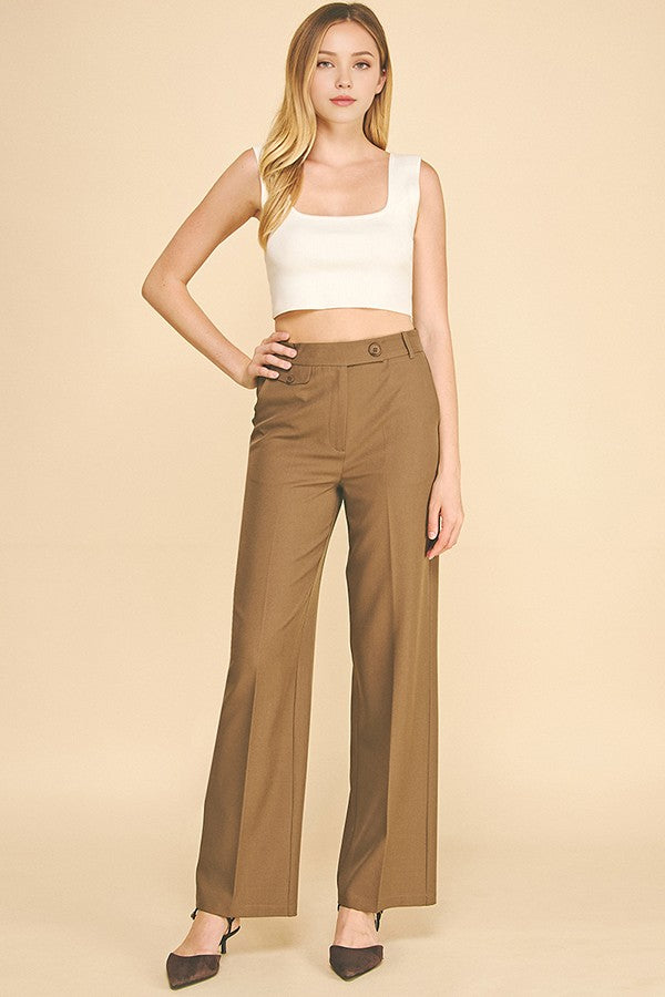 Twill Button Tab Wide Leg Full Trousers