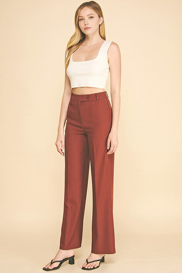 Twill Button Tab Wide Leg Full Trousers