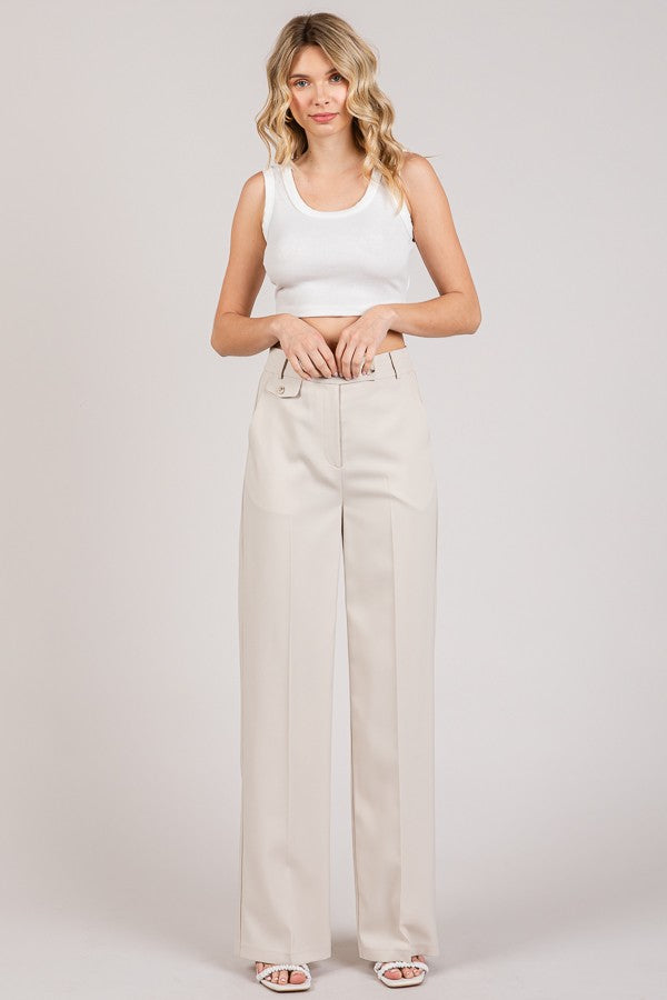 Twill Button Tab Wide Leg Full Trousers