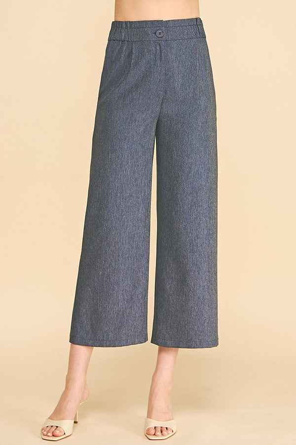 Cationic Faux Denim Stretch Fit Waist Cropped Leg Pants