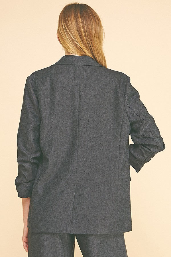 Cationic Faux Denim Ruched Sleeve Open Front Long Blazer