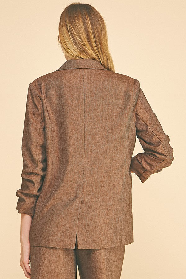Cationic Faux Denim Ruched Sleeve Open Front Long Blazer